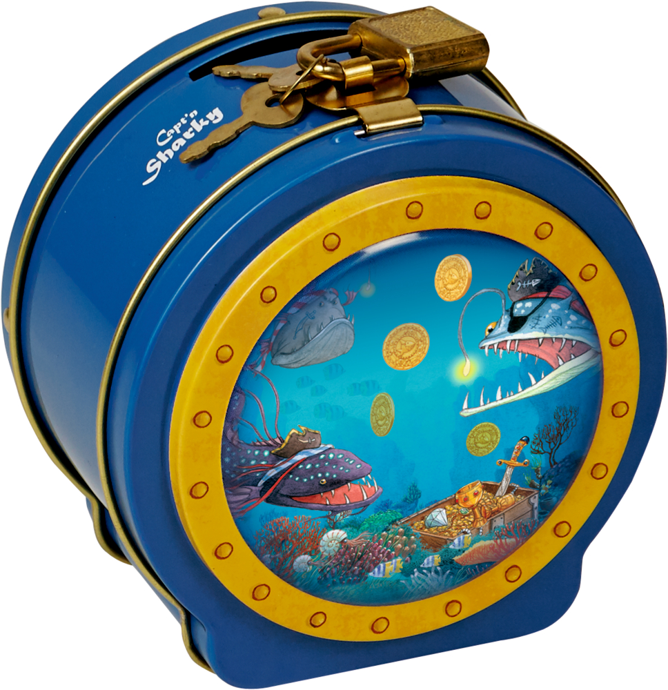 Blaue, runde Dose mit goldenem Verschluss, Schlüsseln, Cartoon-Haien und Unterwasserschätzen.