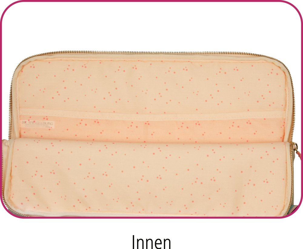 Hellrosa Innenansicht der Laptophülle mit kleinen rosa Punkten, das beim Öffnen des Reißverschlusses eine geräumige Innentasche freigibt.