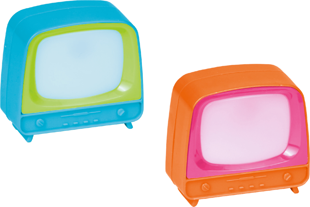 Klick Fernseher - Bunte Geschenke Zwei bunte Spielzeugfernseher – einer blau/grün, einer orange/pink – stehen auf einem weißen Hintergrund.
