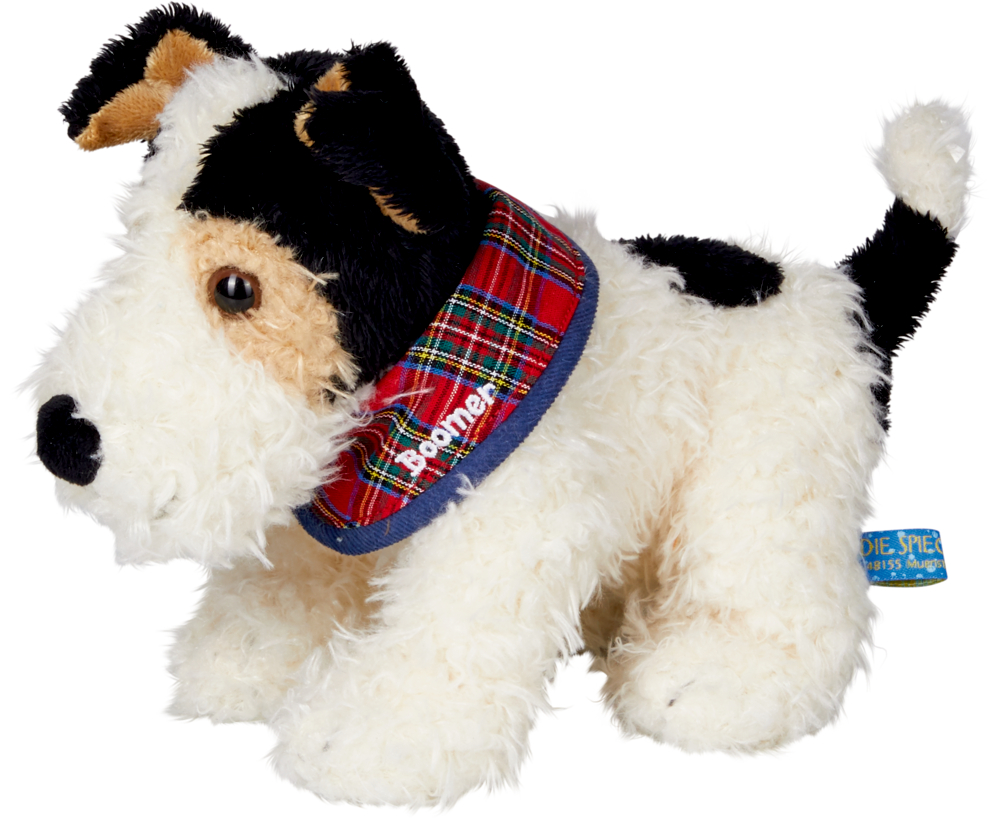 Foxterrier Boomer Lustige Tierparade Plüsch-Hundespielzeug mit schwarzen Ohren, rot kariertem Halsband und blauem „Boomer“-Etikett an der Seite.