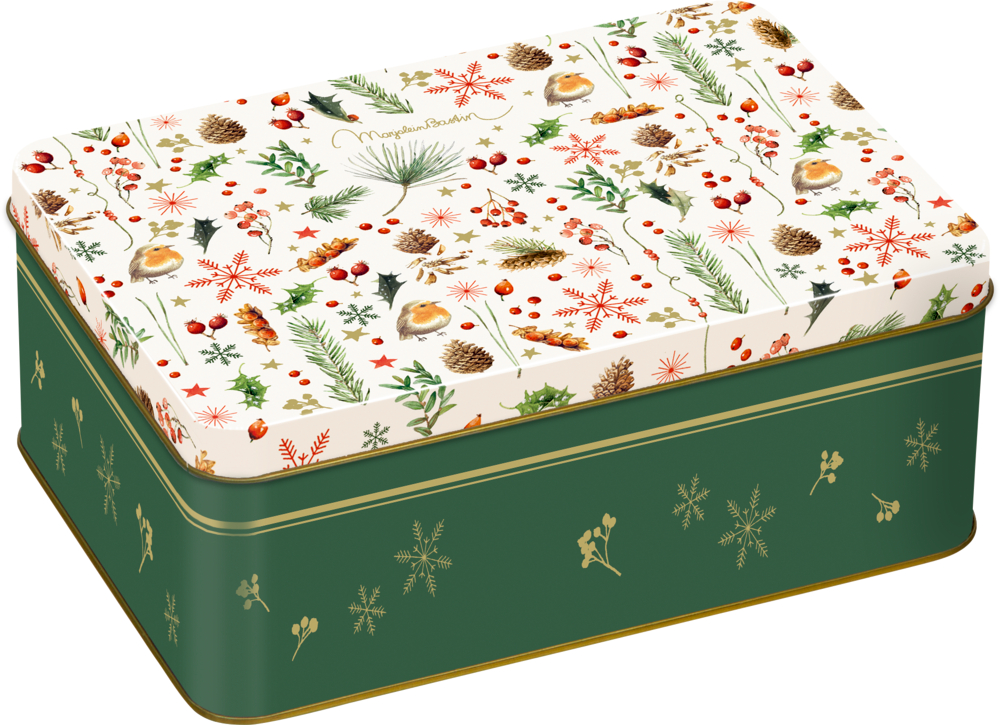Rechteckige Dose mit weißem Deckel und Weihnachtsmotiv (Zapfen, Vögel, Beeren), dunkelgrünen Seiten und goldenen Schneeflocken.