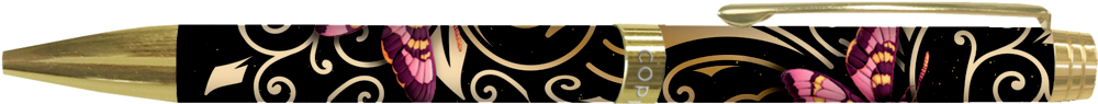 Ornamente/Falter, Kugelschreiber: Passion for Pages Goldener Stift mit detaillierten Wirbelmustern und lila Schmetterlingen auf schwarzem Hintergrund.