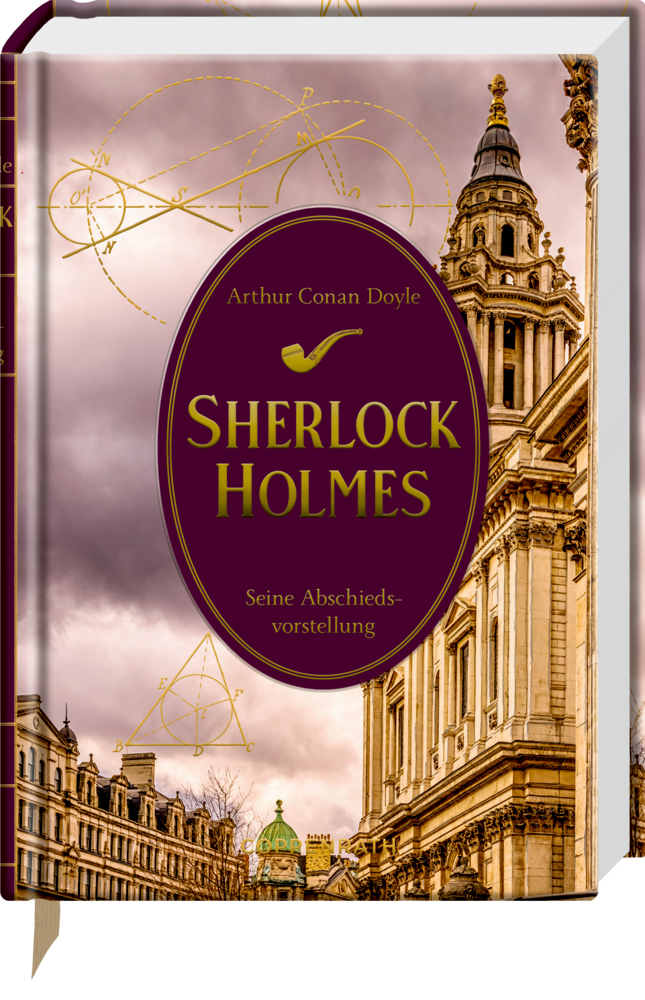 Buchcover „Sherlock Holmes: Seine Abschiedsvorstellung“ mit klassischer Architektur und goldenen Akzenten.