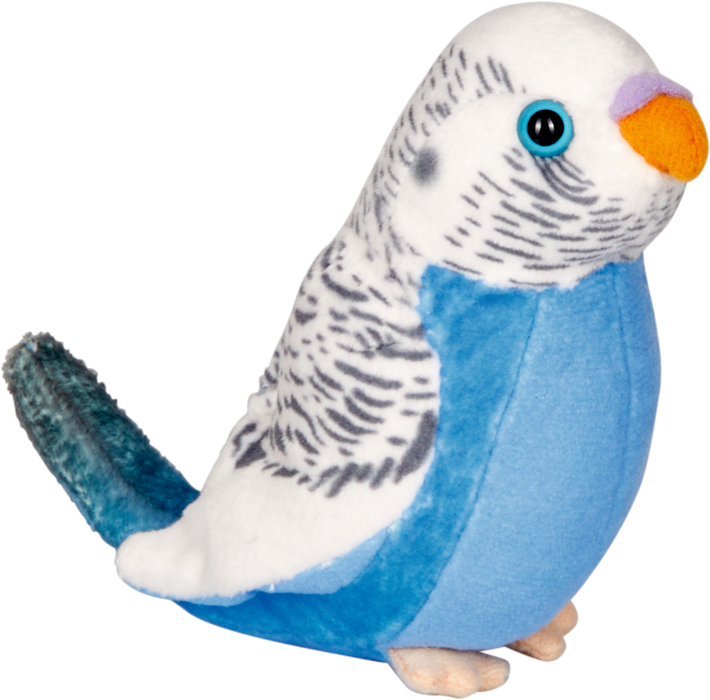 Blau-weißes Plüsch-Wellensittichspielzeug mit orangefarbenem Schnabel, schwarzen Markierungen und blauem Schwanz.