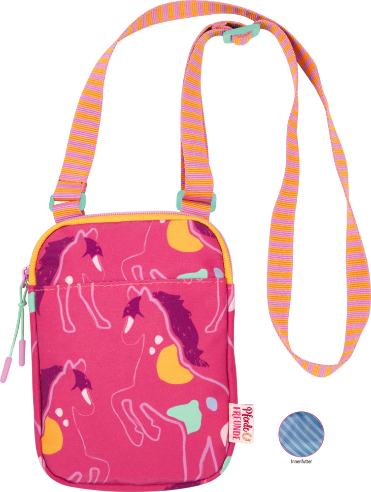 Kleine rosa Umhängetasche mit bunten Pferden und gestreiftem Gurt; blau gestreiftes Innenfutter sichtbar.