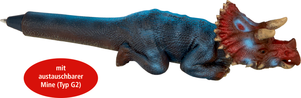 Blau-roter Stift in Triceratops-Form mit deutschem Etikett auf der linken Seite.