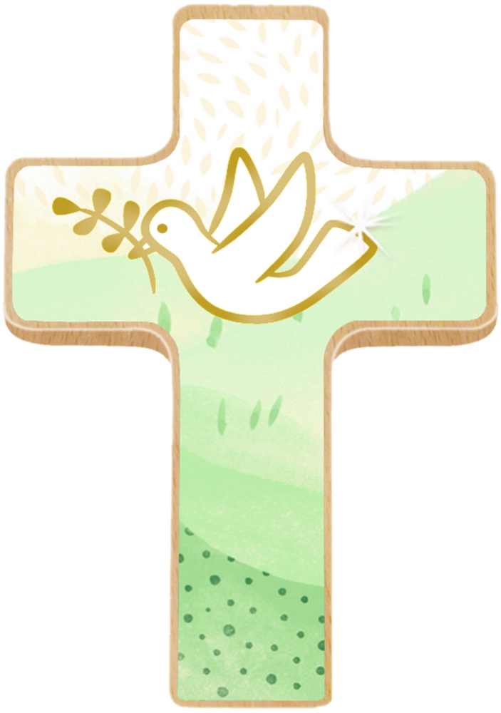 Taube, Holzkreuz auf Büchl.: Du bist geborgen in Gottes Hand
