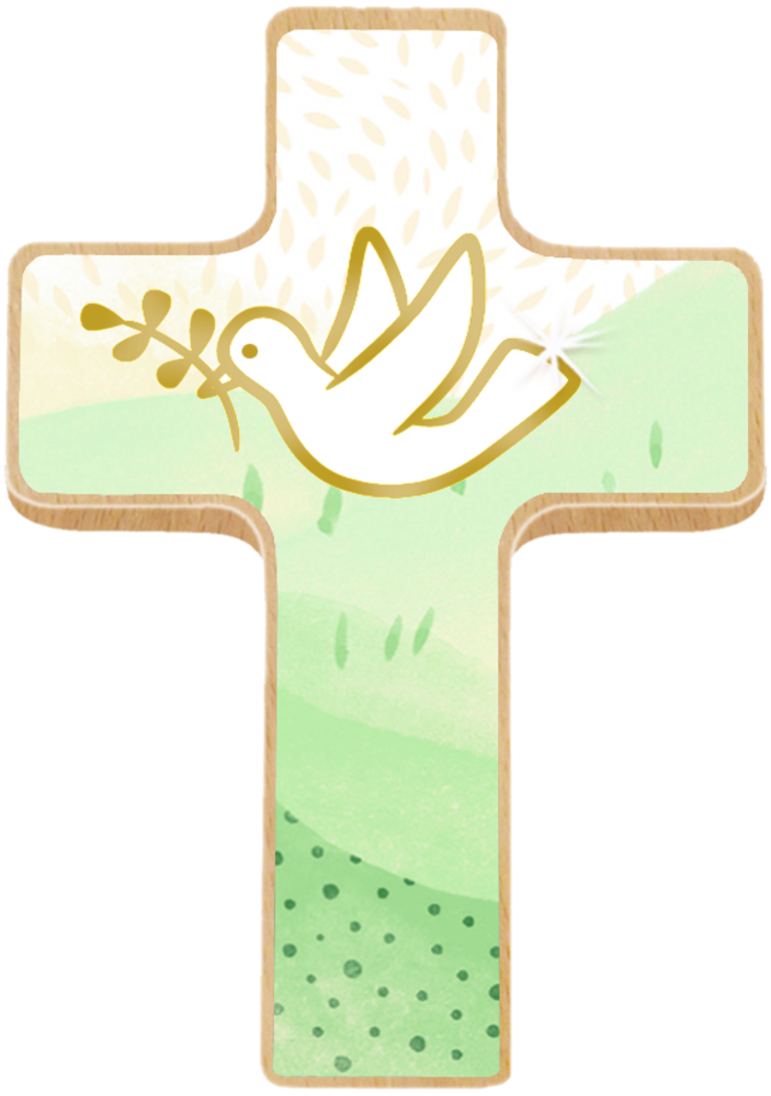 Pastellfarbenes hellgrünes Holzkreuz mit einer weißen Taube, die im Schnabel einen Zweig hält.