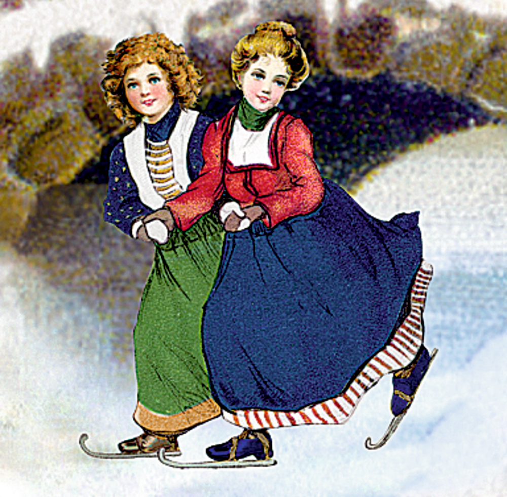Zwei Mädchen in Vintage-Outfits laufen zusammen Schlittschuh, lächeln und halten Händchen.
