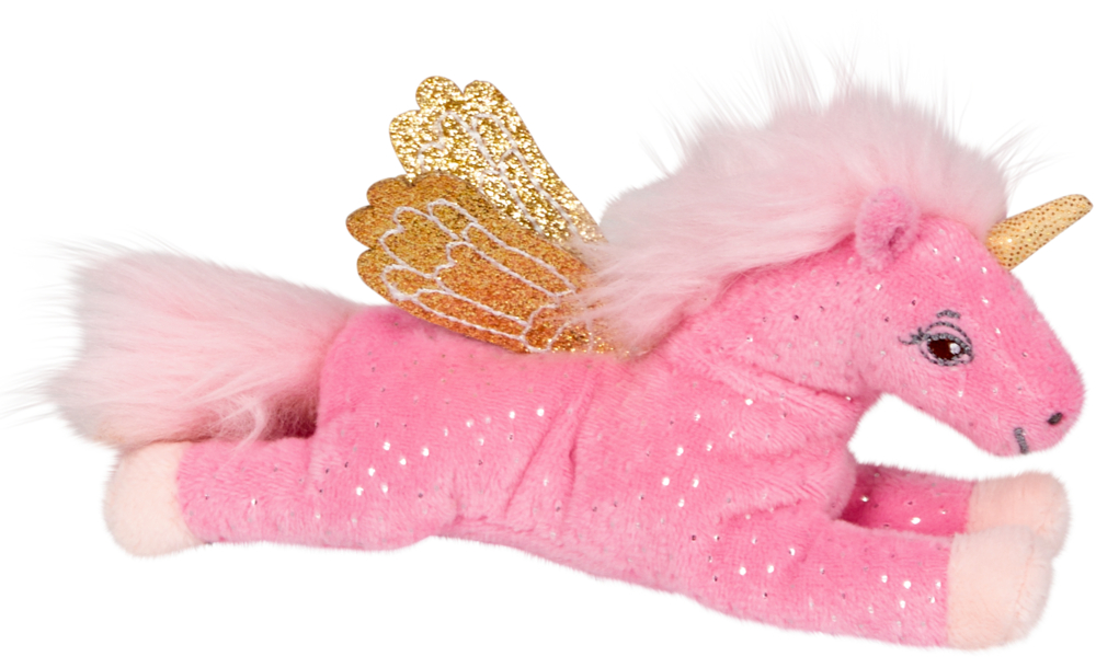 Glitzer-Beanie, rosa - Einhorn-Paradies Plüschiges rosa Einhornspielzeug mit goldenem Horn, glitzernden goldenen Flügeln und flauschiger Mähne und Schweif.