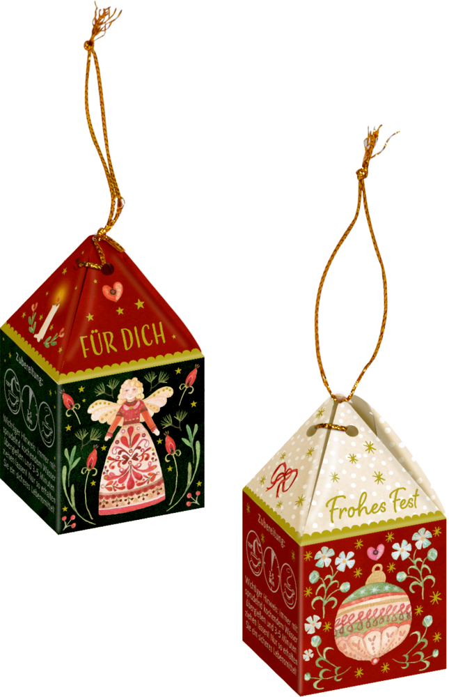 Zwei festliche Teeschachteln zum Aufhängen: eine mit Engel und „Für Dich“, die andere mit Ornament und „Frohes Fest“.