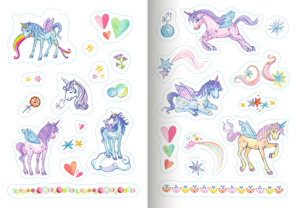 Bunte Einhorn-Aufkleber mit Herzen, Sternen, Regenbögen, Blumen und Wirbeln auf weißem Hintergrund.