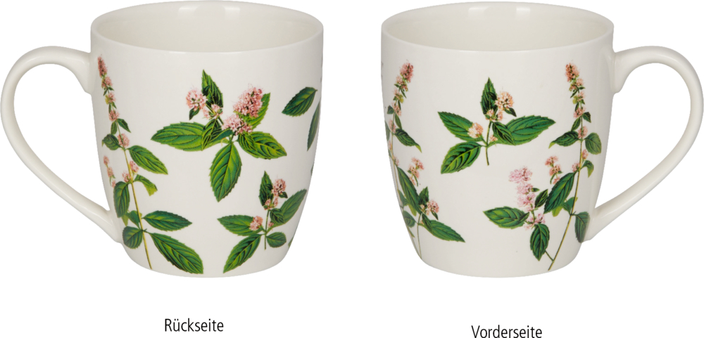 Vorder- und Rückseite einer weißen Tassen mit grünem Blatt- und rosa Blumenmuster.