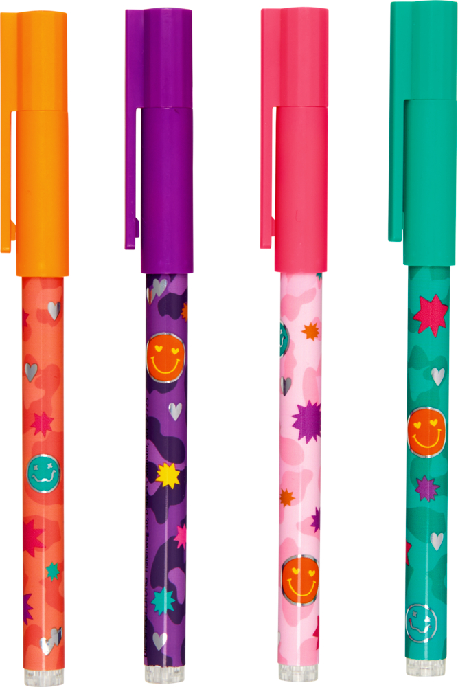 Vier verspielte Stifte mit Smileys und bunten Schäften, jeweils mit einer andersfarbigen Kappe versehen.