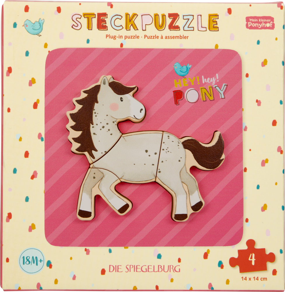 Steckpuzzle in Ponyform für Kinder ab 18 Monaten, bestehend aus 4 Teilen auf rosa gepunktetem Hintergrund.