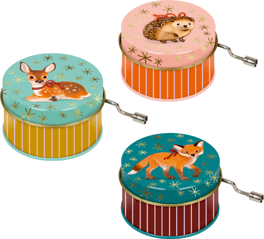 Drei farbenfrohe Spieluhren mit einer Igel-, Rehkitz- und Fuchs-Illustration auf jedem Deckel.
