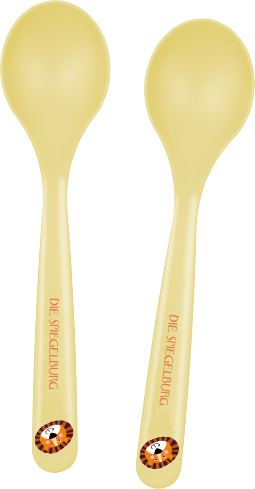 Löffel 2er-Set Löwe - Freche Rasselbande Zwei gelbe Löffel mit dem Text „Die Spiegelburg“ und einer kleinen Löwenillustration auf den Griffen.
