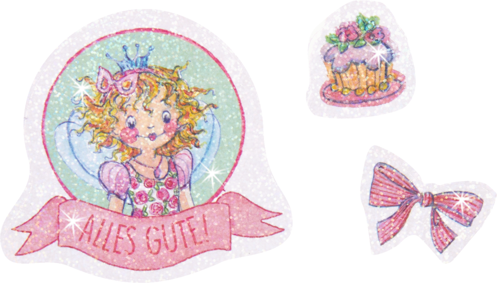 Glitzerndes Feenmädchen mit „Alles Gute!“, einer Torte und einer rosa Schleife.