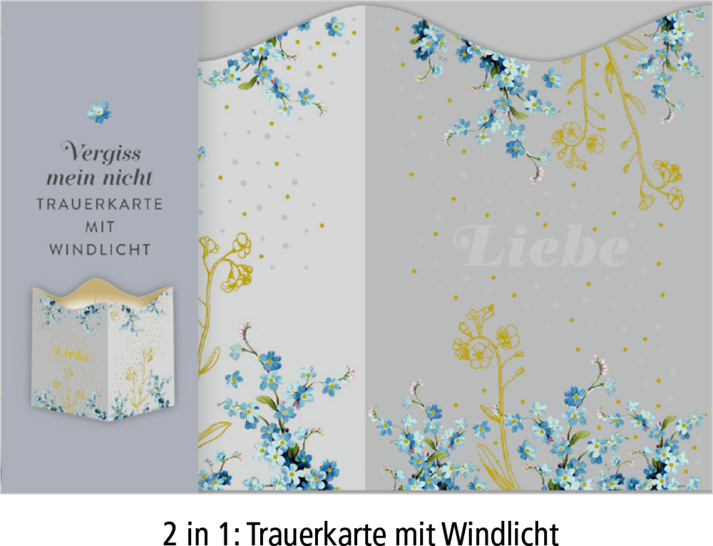 Kondolenzkarte mit deutschem Text, blauen Blumen, goldenen Akzenten und einem Windlicht.