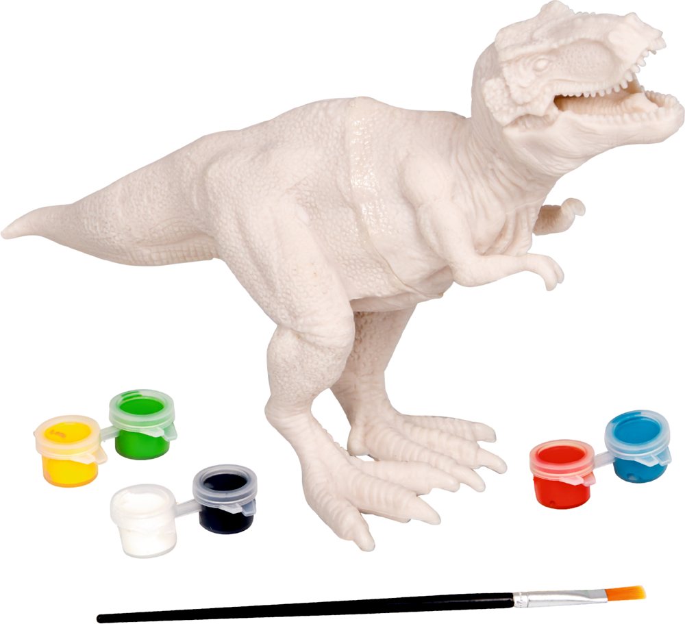 Ungefärbtes Dinosauriermodell mit Farbtöpfen und einem Pinsel davor.