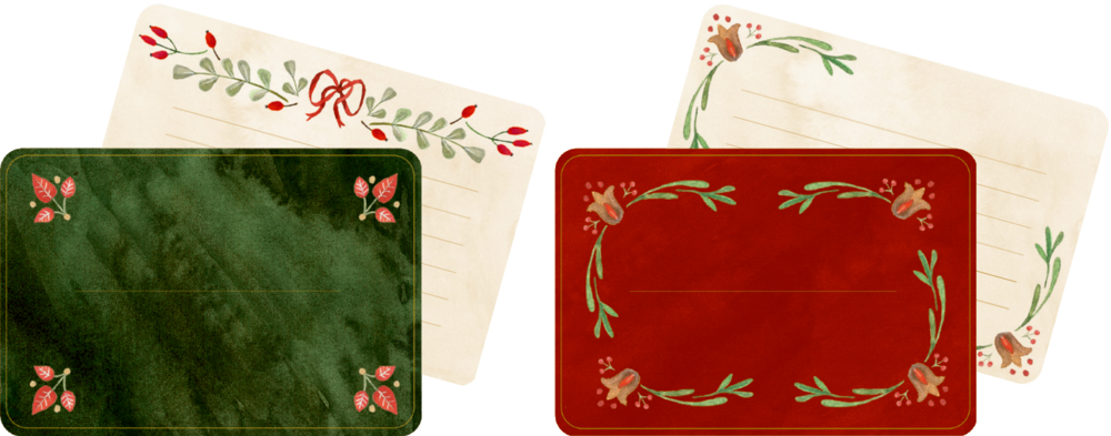 Vorder- und Rückseiten von zwei Weihnachtskartenmotiven mit floralen Mustern in Rot, GrÃ¼n und Creme, jeweils mit Schreiblinien.