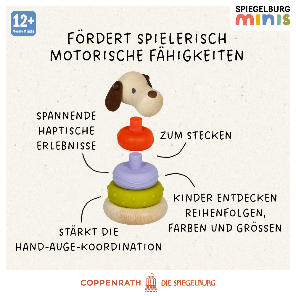 Stapelbares Hundespielzeug mit bunten Ringen, daneben Texttafel mit Beschreibung der Vorteile für Motorik und Koordination.