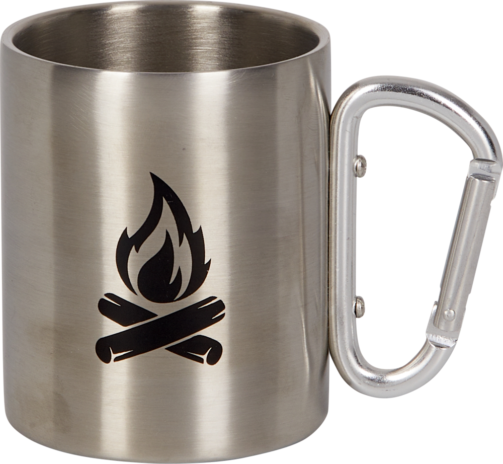 Edelstahlbecher mit Karabinergriff und Lagerfeuersymbol.