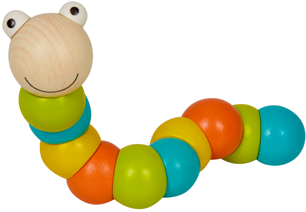 Lustiger Gelenkwurm - Bunte Geschenke Bunter Holzspielzeugwurm mit lächelndem Gesicht und segmentiertem grün-blau-orange-gelbem Körper.