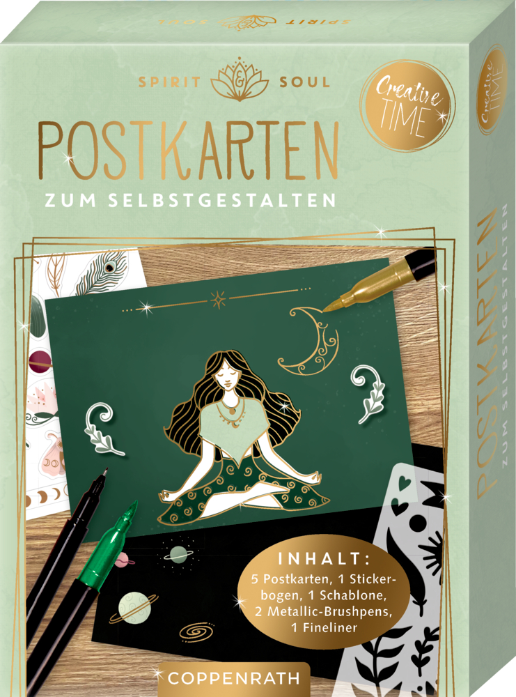 Postkarten zum Selbstgestalten - Spirit & Soul (Creative Time) Schachtel mit Postkarten zum Gestalten, inklusive Stiften und einer Postkarte einer meditierenden Frau.