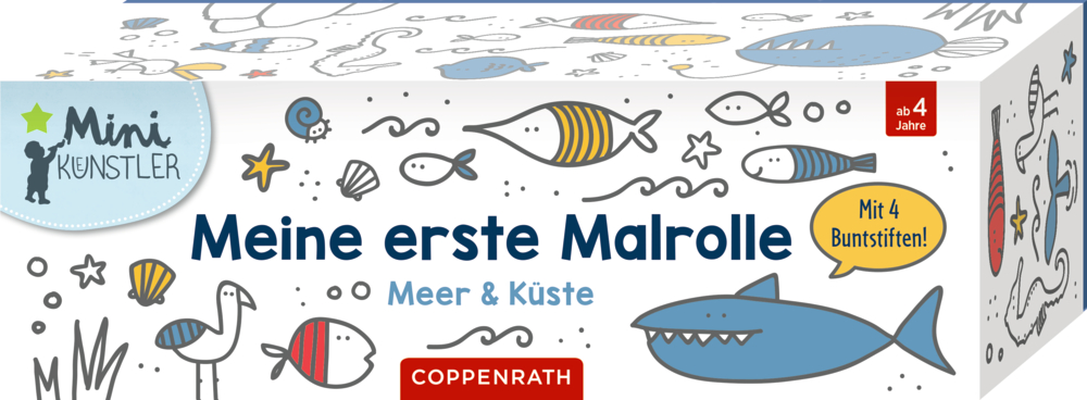 Meine erste Malrolle - Meer & Küste (Mini-Künstler) Box mit Meereskritzeleien, einem Hai und dem Text: Meine erste Malrolle – Meer & Küste. Ab 4 Jahren.