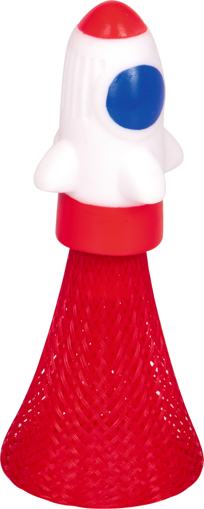 Spielzeugrakete mit einer roten Netzfederbasis und einer weißen Spitze mit blauen und roten Akzenten.