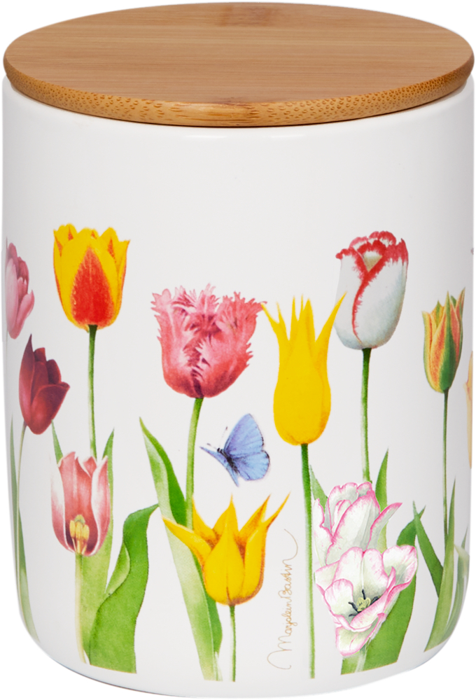 Vorratsdose "Tulpen" GartenLiebe aus Keramik - M. Bastin (ca. 0,65 l) Weißes Keramikgefäß mit Holzdeckel, mit bunten Tulpen und einer Schmetterlingsillustration.