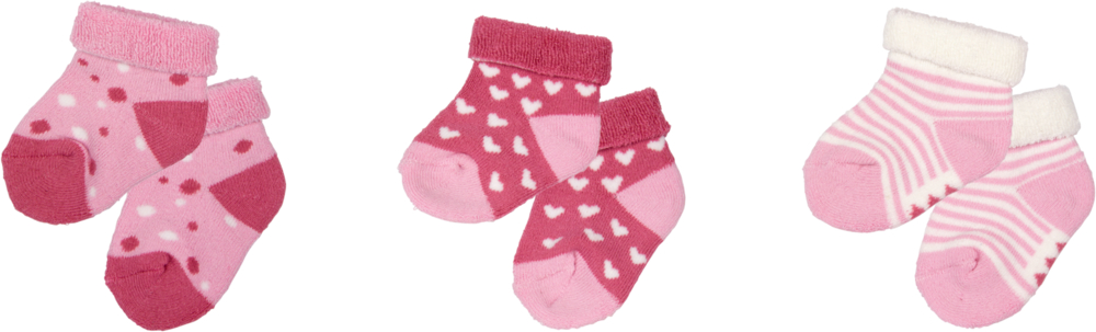 Babysöckchen, rosa - BabyGlück (3 Paar) Set aus drei rosa Babysocken mit Tupfen-, Herz- und Streifenmuster.