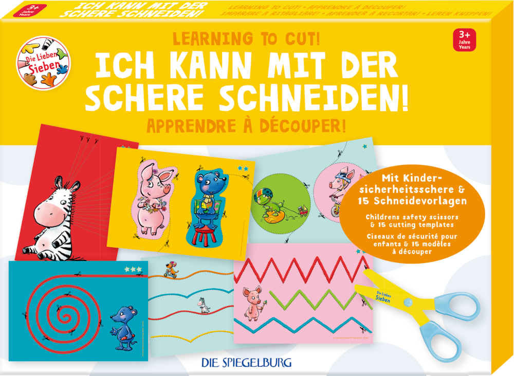 Ich kann mit der Schere schneiden - Die Lieben Sieben Scheren-Set für Kinder mit Tiervorlagen, Sicherheitsscheren und bunten Schnittmustern auf der Schachtel.