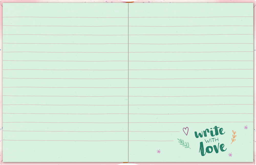 Linierte, grüne Tagebuchseite mit â€žWrite with loveâ€œ und kleinen Kritzeleien in der unteren rechten Ecke.