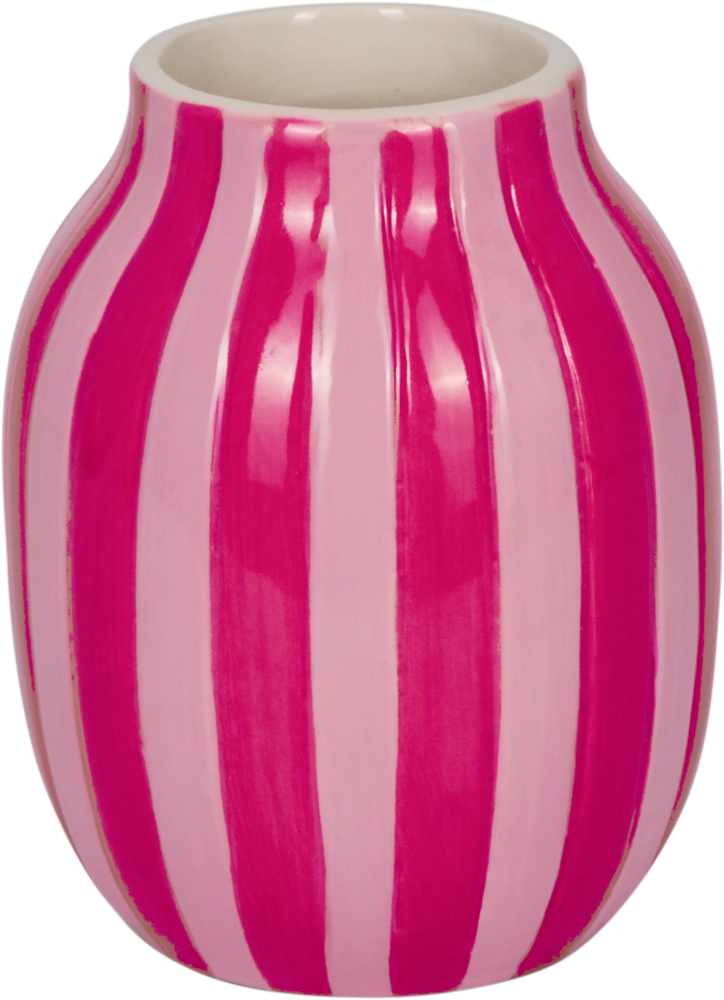 pink/rosa, Kleine Vase - I love Summer Länglich-runde Keramikvase mit vertikalen gelben und violetten Streifen auf weißem Hintergrund.