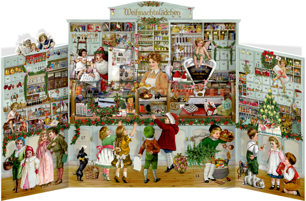 Bunte nostalgische Ladenszene mit Kindern, Engeln, Spielzeug, Weihnachtsbaum und Dekorationen in einem geschmückten Weihnachtsshop.