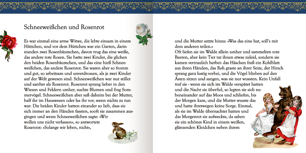 Märchenbuch aufgeschlagen mit Text, Blumenverzierungen und Illustrationen von Kindern und einem Bären.