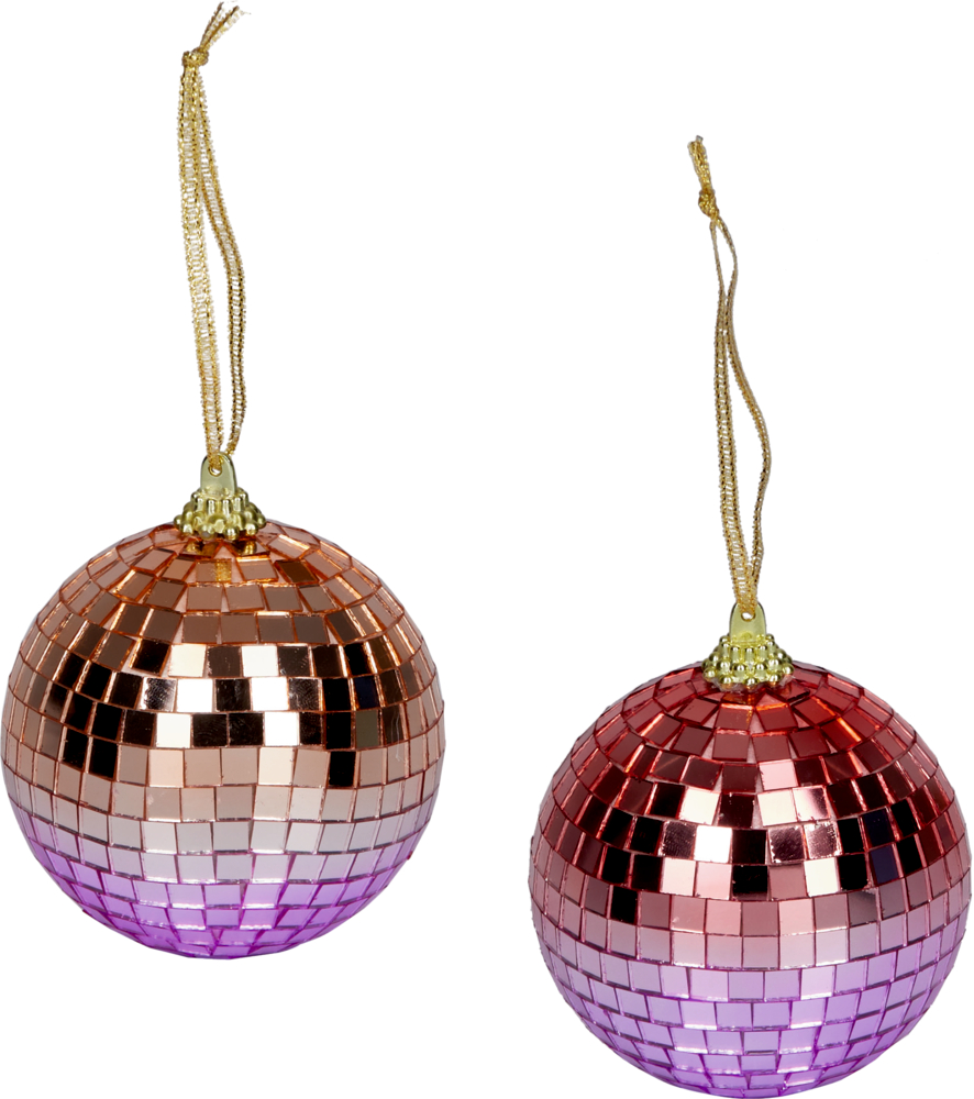Zwei Diskokugel-Christbaumanhänger mit rosafarbenem und violettem Spiegelfliesenmuster und goldener Aufhängeschnur.