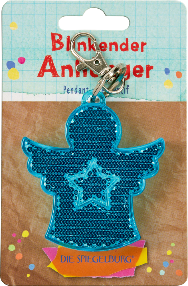 Blinkender Anhänger Engel - Bunte Geschenke Blauer, reflektierender Engel-Schlüsselanhänger mit Sternmotiv an Karte mit deutschem Text befestigt.