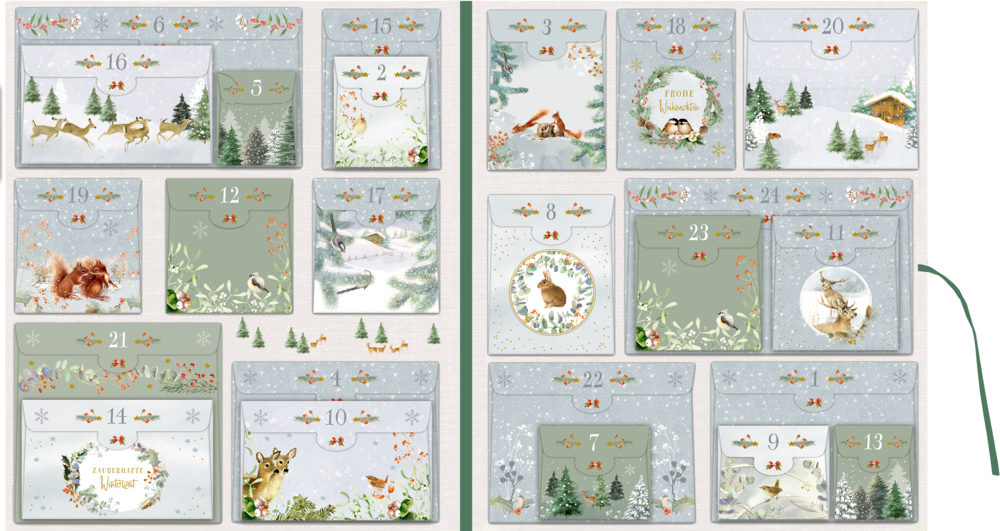 Adventskalender mit winterlichen Waldtieren und Schneeszenen hinter jeder nummerierten Klappe.