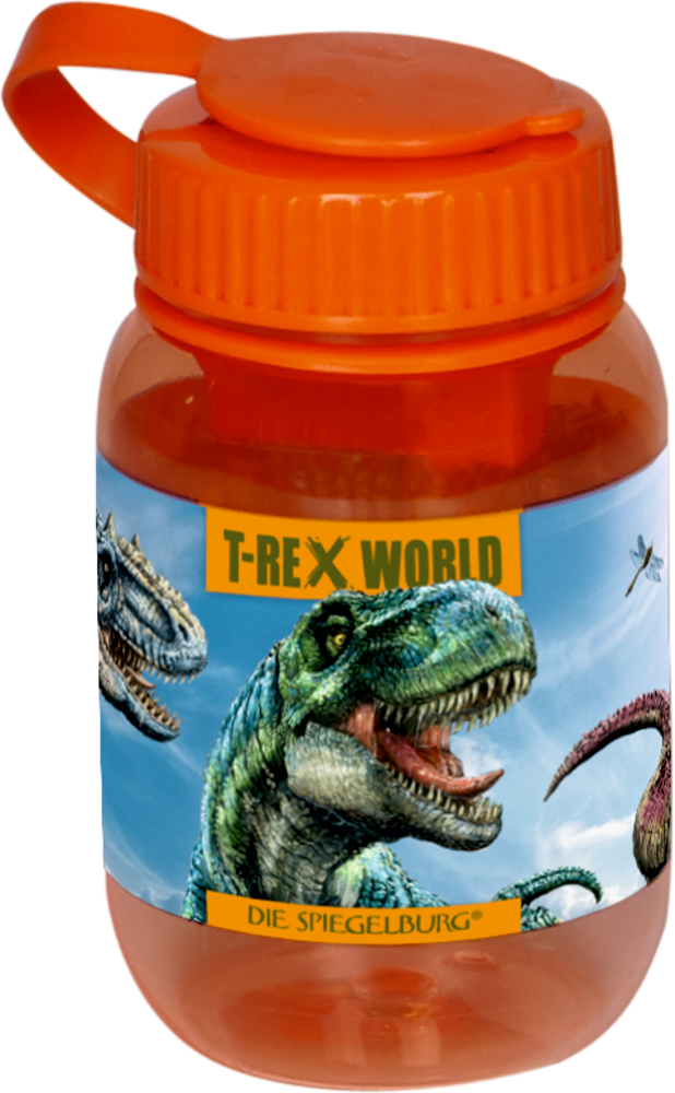 Doppelanspitzer T-Rex World Orangefarbenes Gefäß mit Dinosaurierillustrationen und einem „T-Rex World“-Etikett.