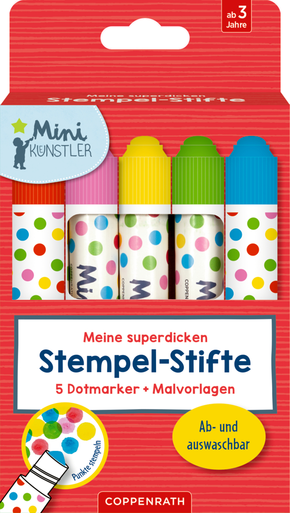 Meine superdicken Stempel-Stifte (Mini-Künstler) Set mit 5 bunten Punktmarkern für Kinder, beschriftet mit „Stempel-Stifte“, jeder mit lustigem Punktdesign.