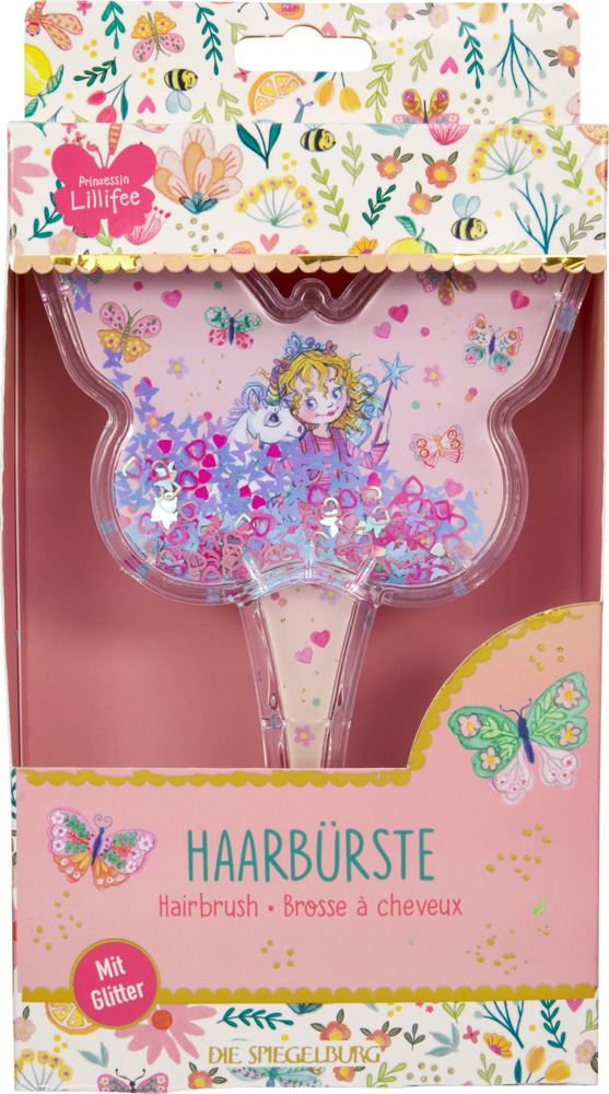Rosa Haarbürste mit Glitzer, verziert mit Lillifee und einem Einhorn, in bunter Verpackung mit Blumen- und Schmetterlingsmotiv.