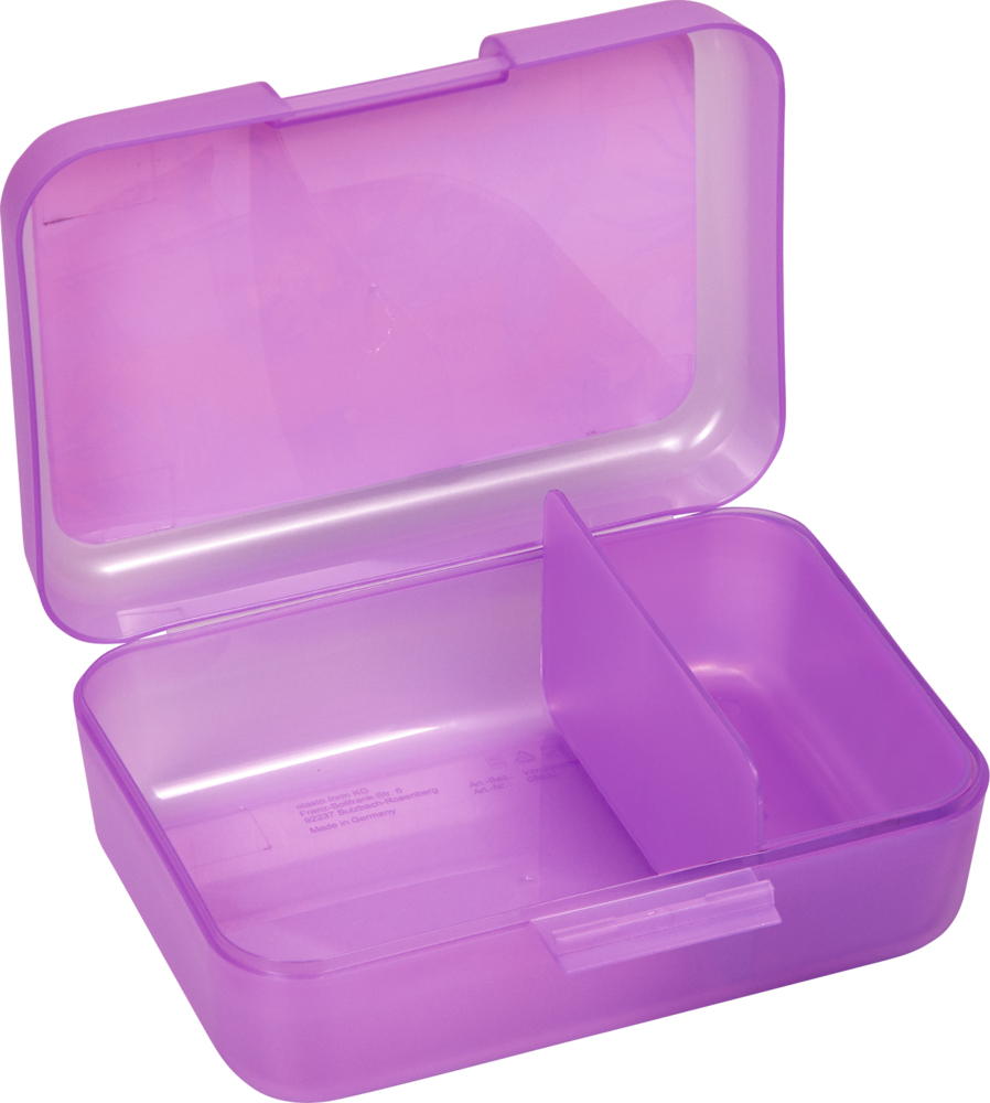 Lilafarbene Lunchbox aus Kunststoff mit offenem Deckel und Innenteiler.