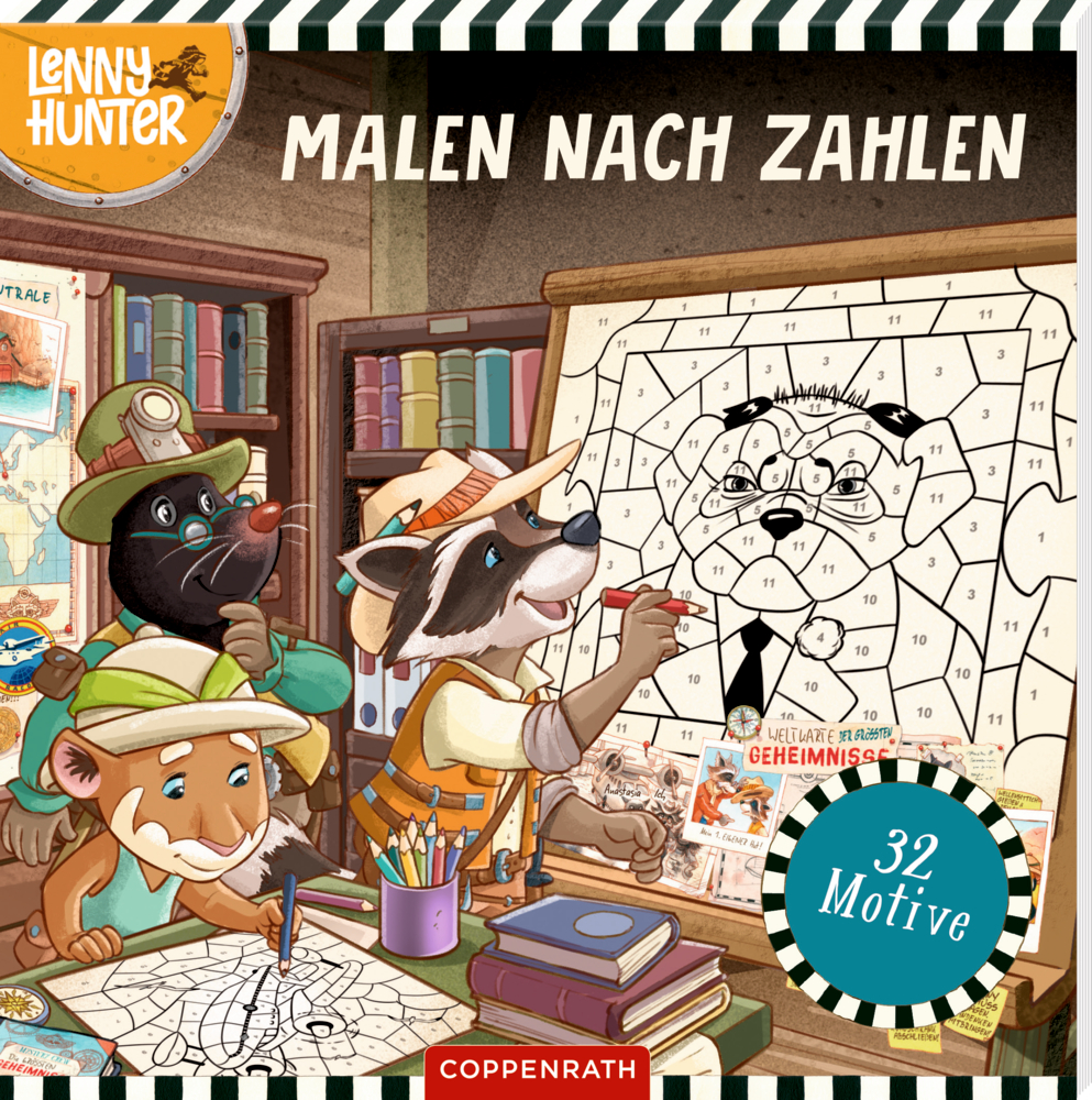 Malen nach Zahlen - Lenny Hunter Drei Comic-Tiere malen in einer gemütlichen Bibliothek voller Bücher und Kunstbedarf einen Malen-nach-Zahlen-Hund aus, auf dem Cover von einem Malen-nach-Zahlen Buch.
