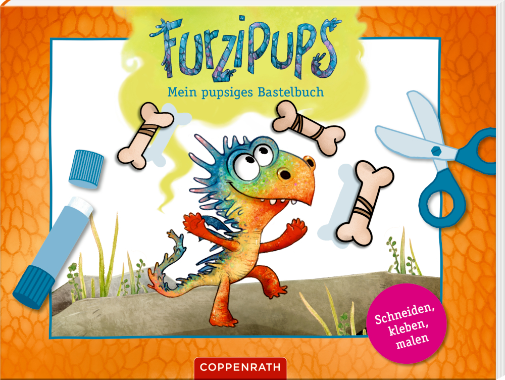 Mein pupsiges Bastelbuch (Furzipups) Bunter Drache mit Schere, Kleber und Knochen und dem Text: „Furzipups: Mein pupsiges Bastelbuch.“.