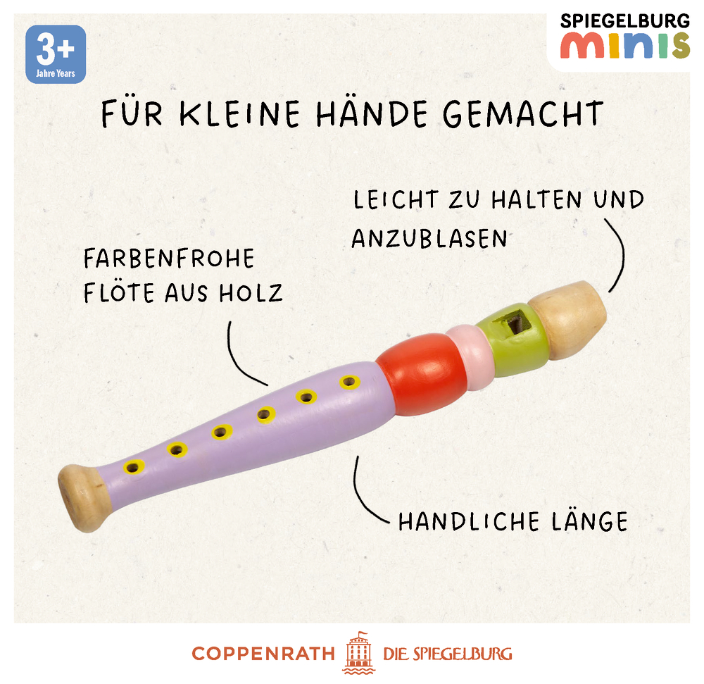 Bunte Holzflöte mit mehreren Farben, Aufkleber mit Beschriftung, geeignet ab 3 Jahren.