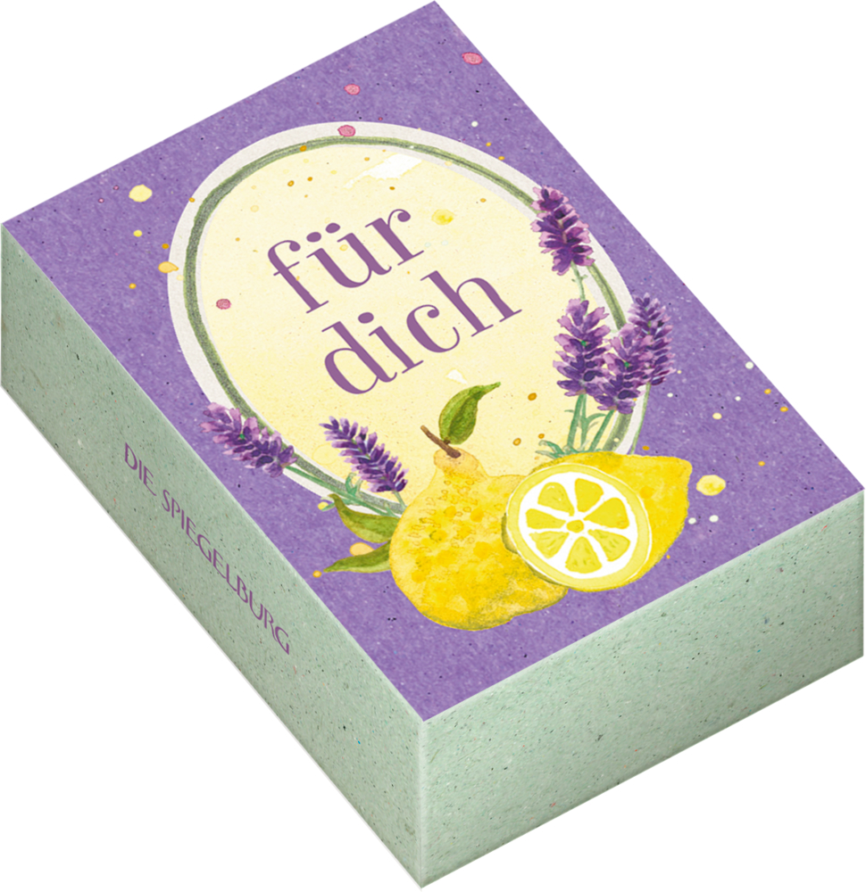 Eine Box mit Lavendel- und Zitronenmotiv, auf dem Deckel steht für dich.