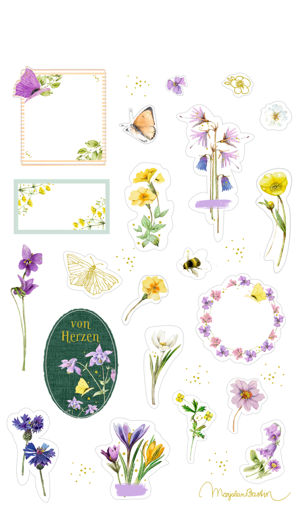Verschiedene Blumen- und Schmetterlingsaufkleber sowie Etiketten und Rahmen mit gelben und violetten Akzenten.